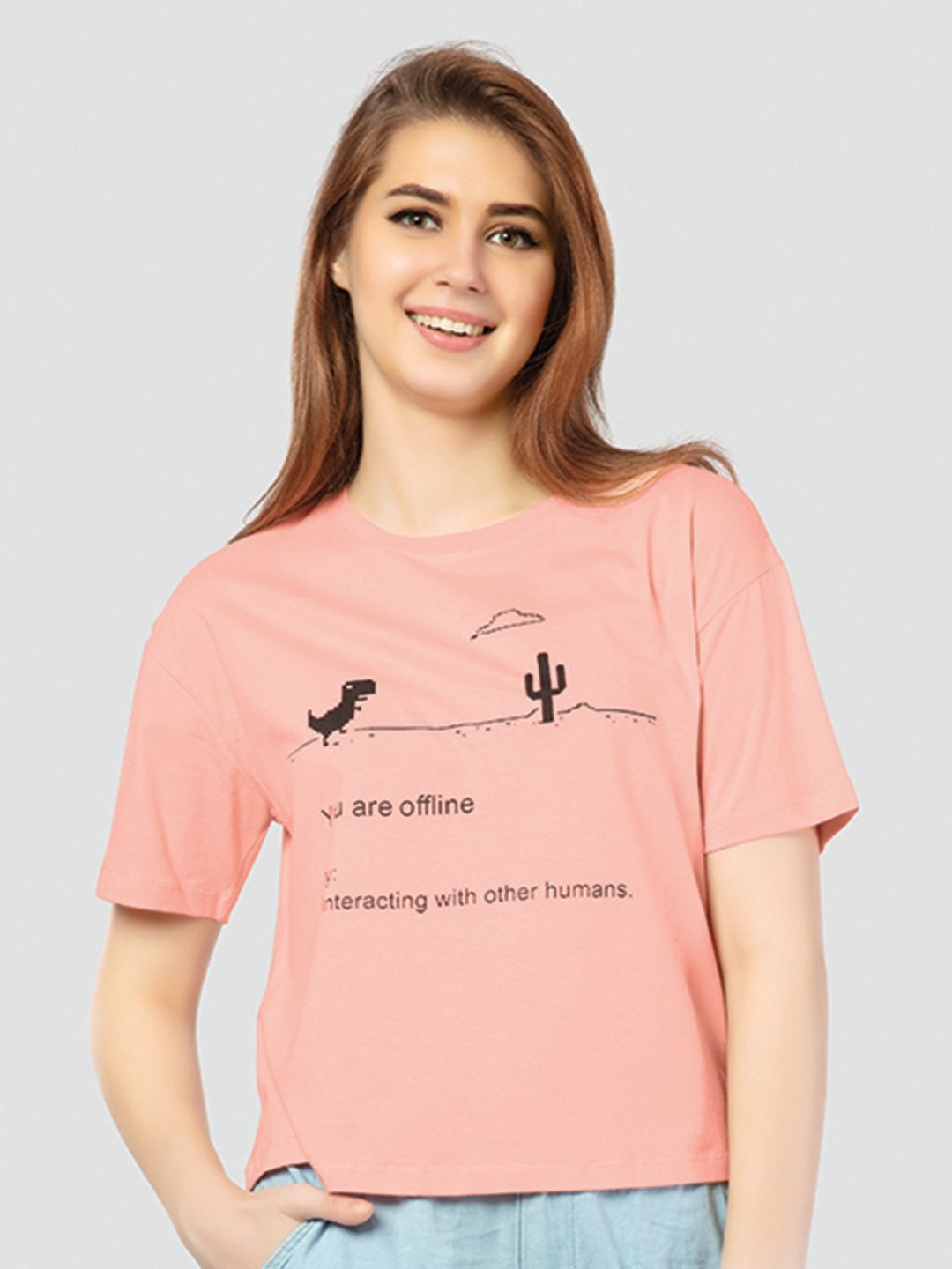 

Juliet Women Graphic Printed Round Neck Cotton Relaxed Fit T-shirt, Peach