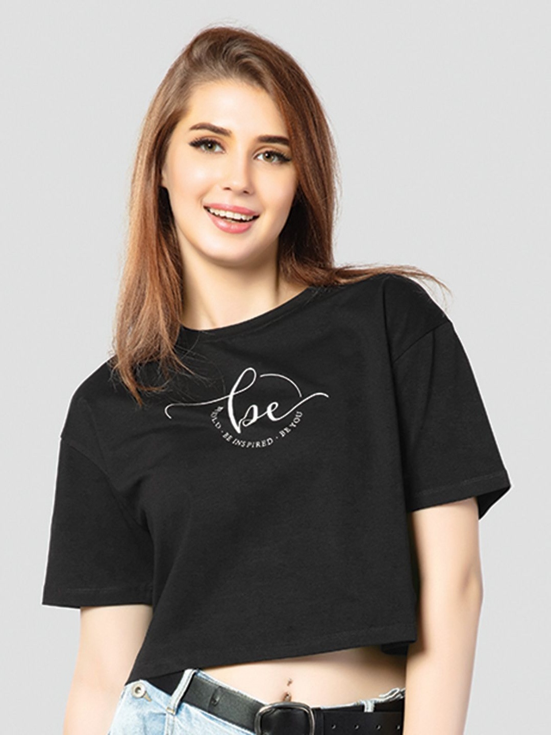 

Juliet Women Typography Printed Round Neck Cotton Boxy T-shirt, Black