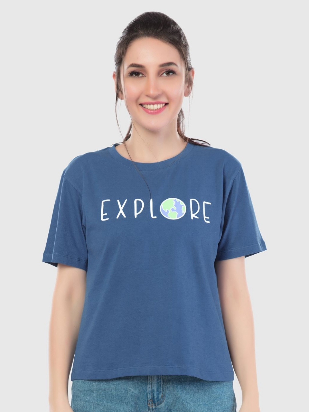 

Juliet Women Typography Printed Round Neck Cotton Relaxed Fit T-shirt, Blue
