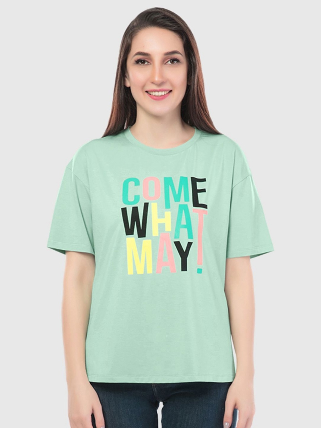 

Juliet Women Typography Printed Round Neck Cotton Relaxed Fit T-shirt, Green