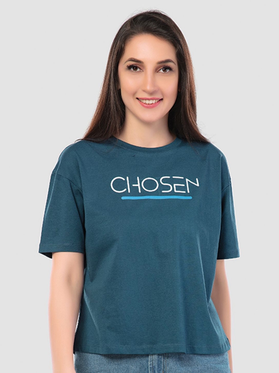 

Juliet Women Typography Printed Round Neck Cotton Relaxed Fit T-shirt, Teal