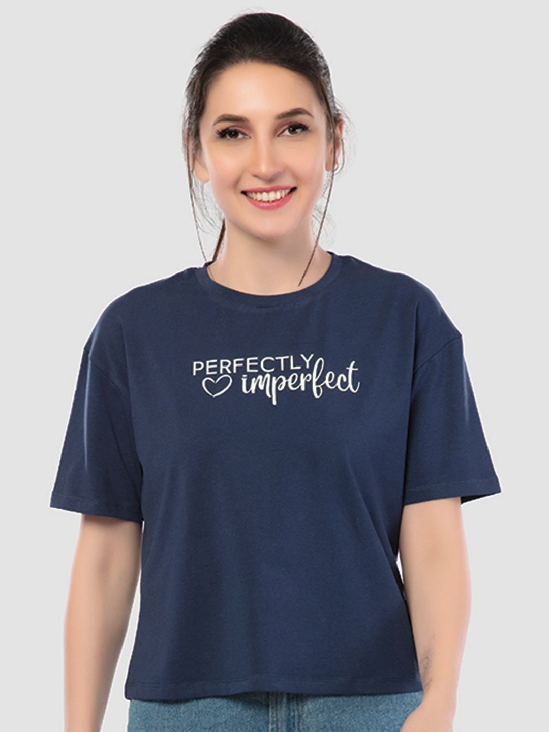 

Juliet Women Typography Printed Round Neck Cotton Relaxed Fit T-shirt, Navy blue