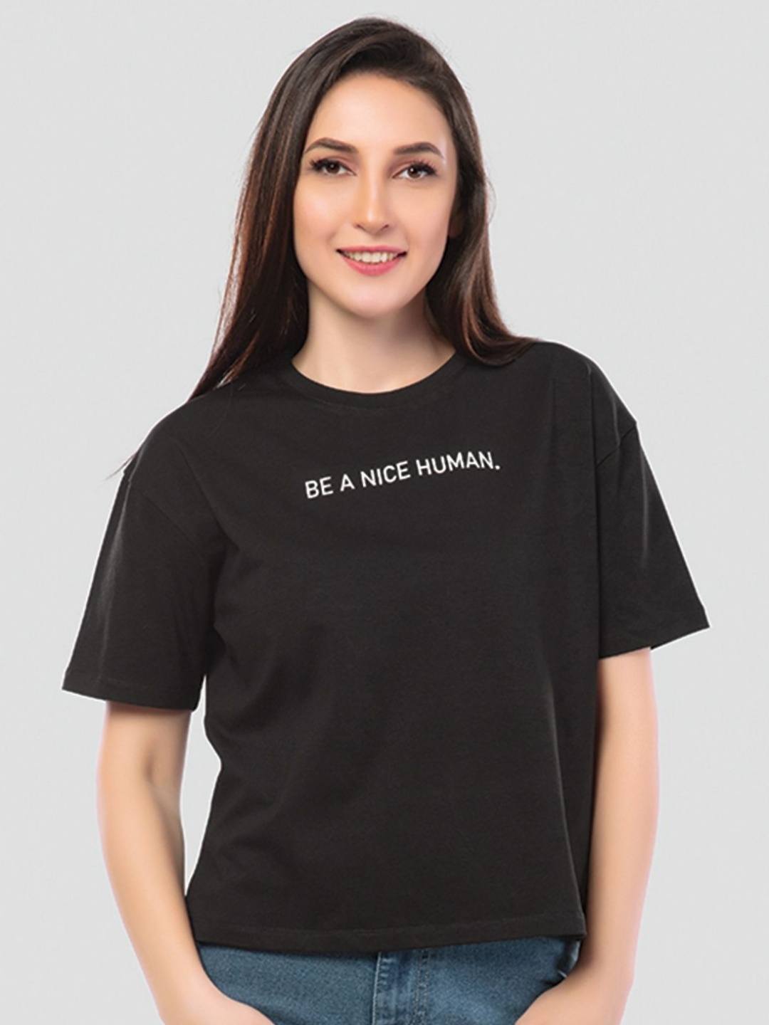

Juliet Women Typography Printed Round Neck Cotton Relaxed Fit T-shirt, Black