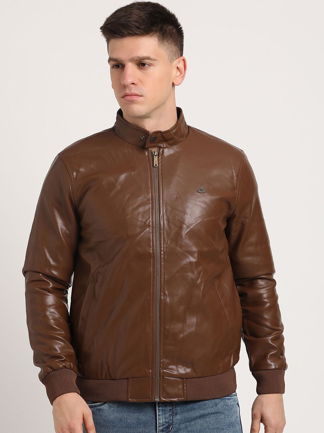 

Turtle Men Mandarin Collar Solid Casual Leather Windcheater Jacket, Brown