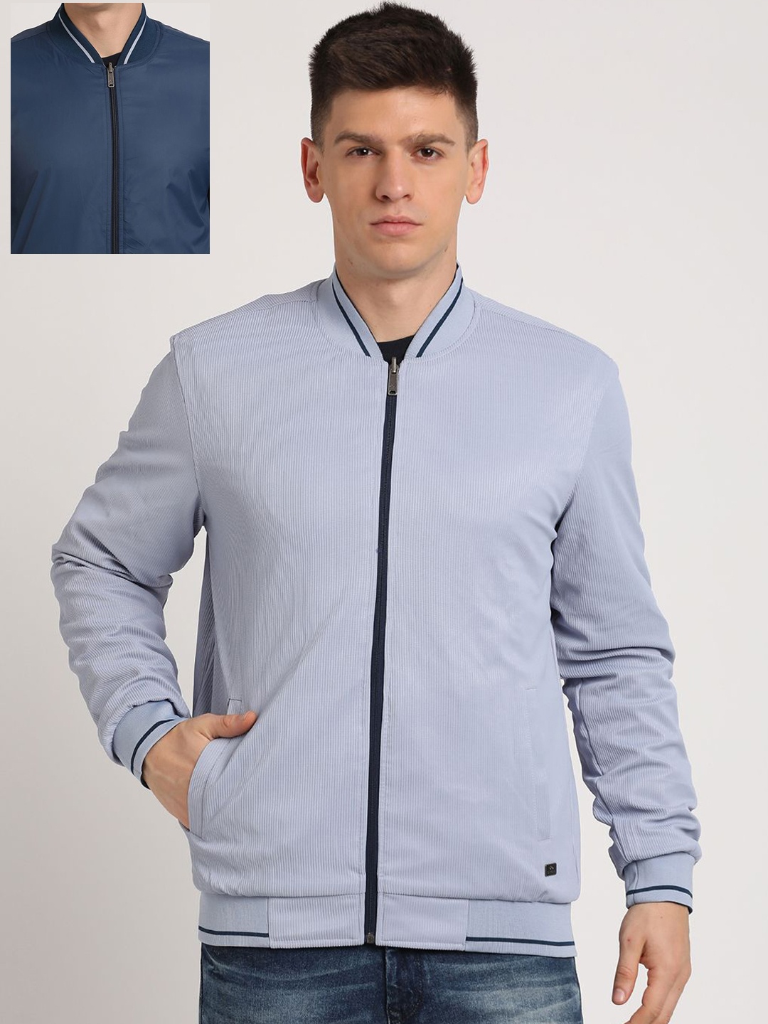 

Turtle Men Stand Collar Solid Casual Bomber Reversible Jacket, Blue