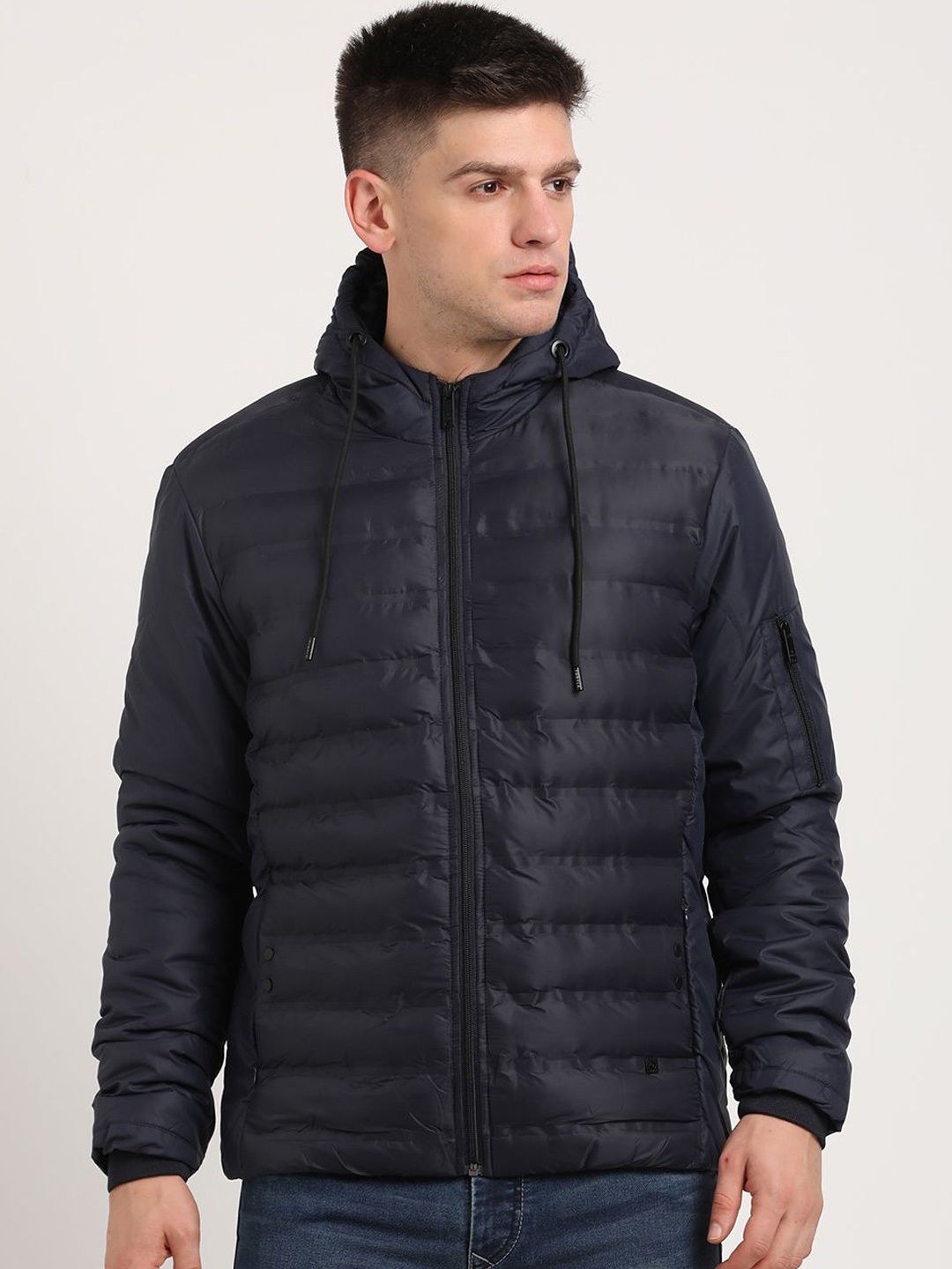 

Turtle Men Hooded Solid Casual Puffer Windcheater Jacket, Navy blue