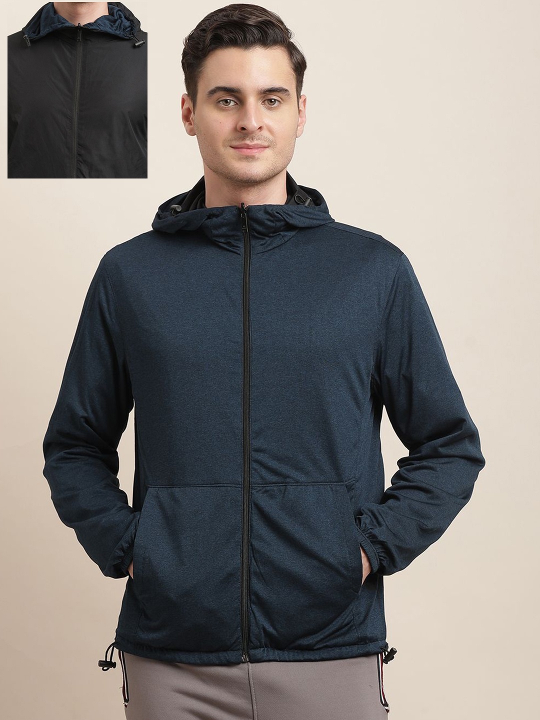 

Turtle Men Hooded Solid Casual Bomber Reversible Jacket, Navy blue