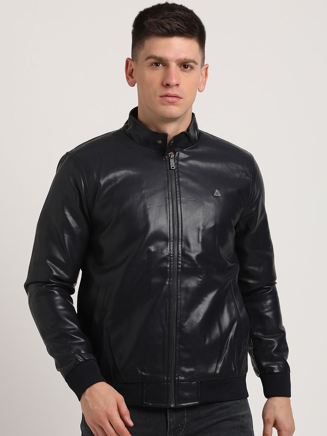 

Turtle Men Mandarin Collar Solid Casual Biker Windcheater Jacket, Navy blue