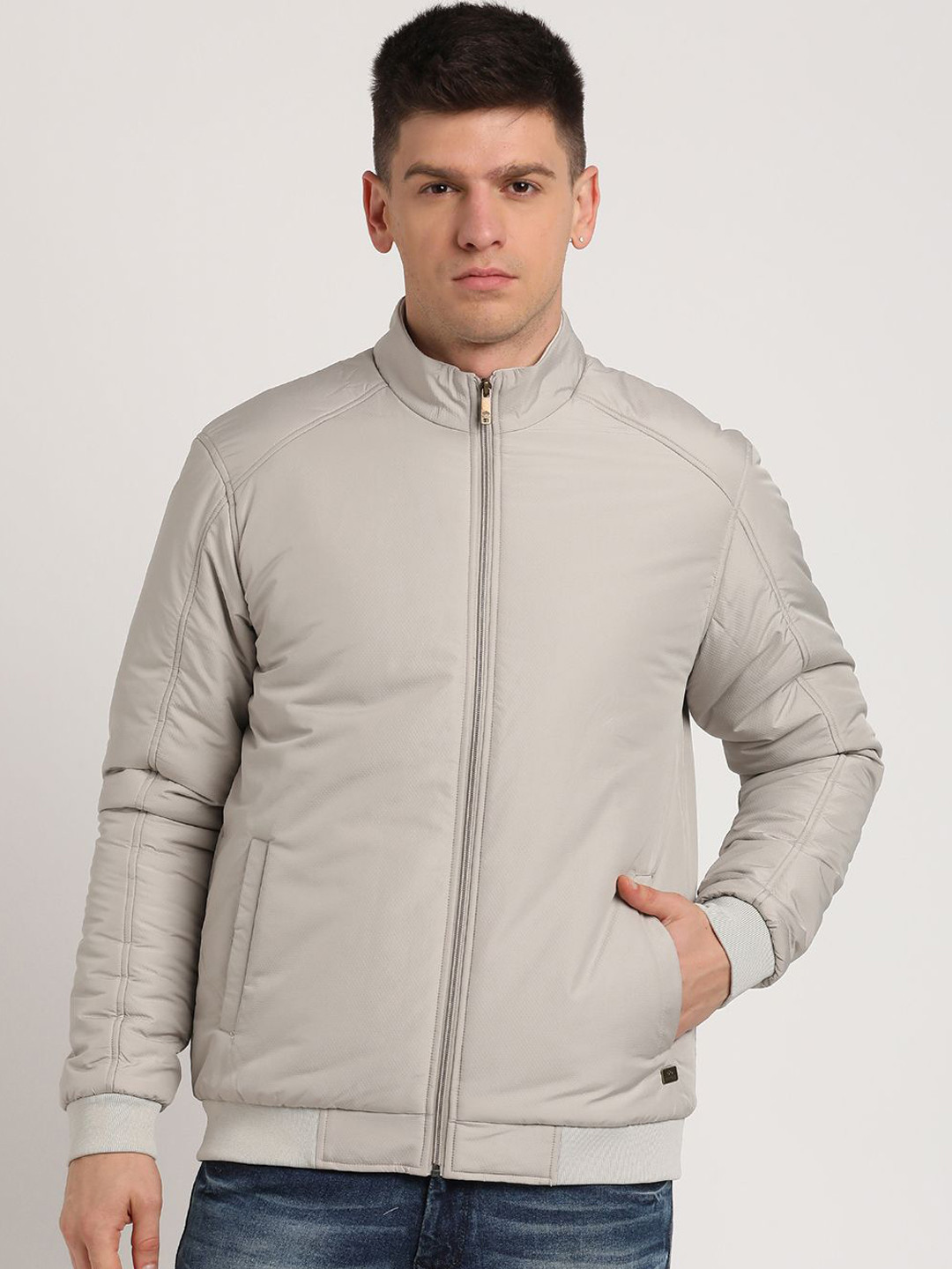 

Turtle Men Mock Collar Solid Casual Padded Windcheater Jacket, Grey