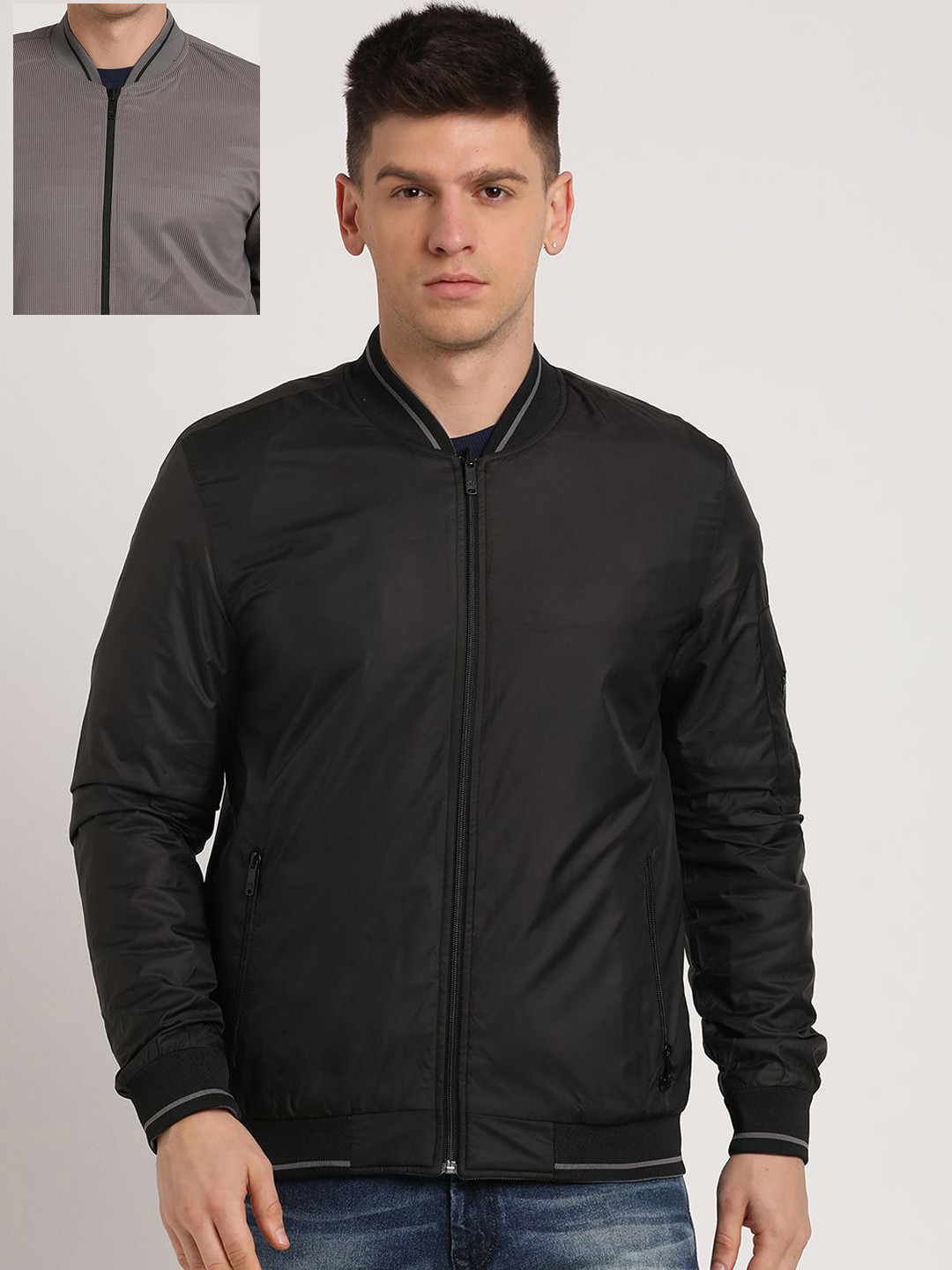 

Turtle Men Stand Collar Solid Casual Bomber Reversible Jacket, Black