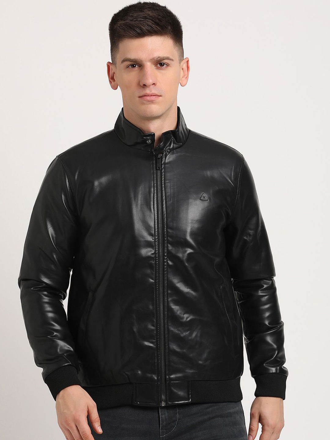 

Turtle Men Mandarin Collar Solid Casual Biker Windcheater Jacket, Black