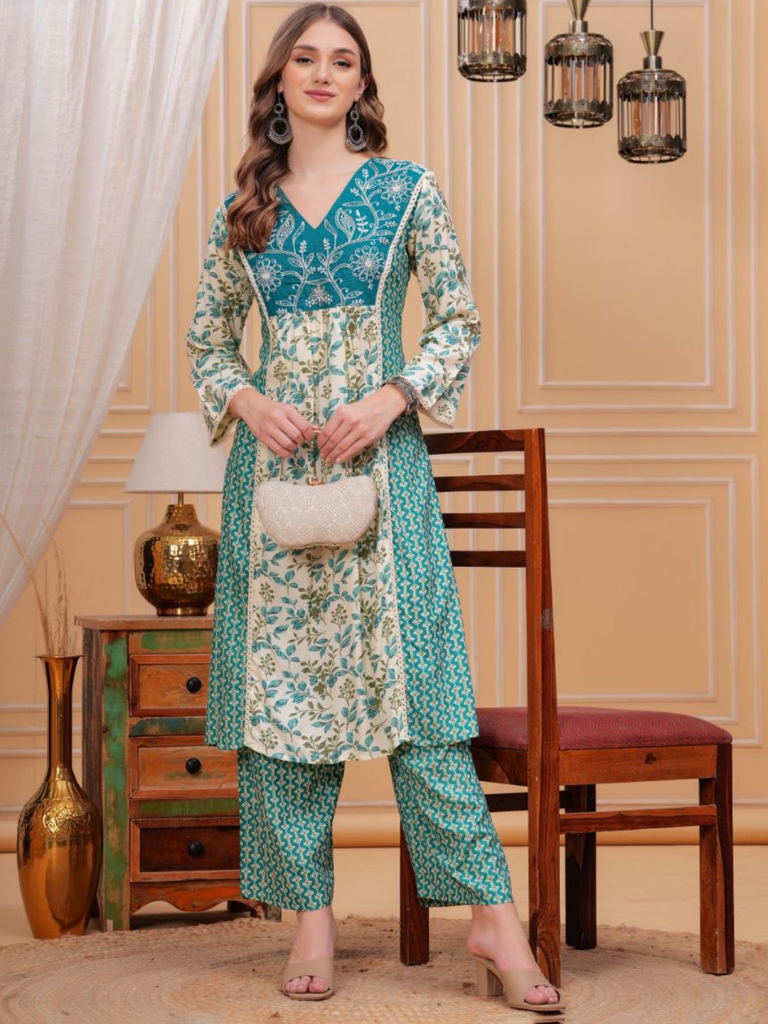 

HIGHLIGHT FASHION EXPORT Floral Printed Embroidered V-Neck A-Line Kurta With Trousers, Turquoise blue