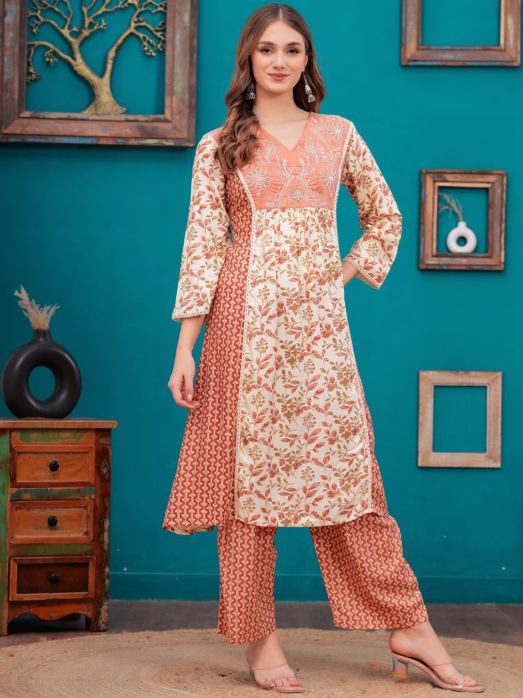 

HIGHLIGHT FASHION EXPORT Floral Printed Embroidered V-Neck A-Line Kurta With Trousers, Rust