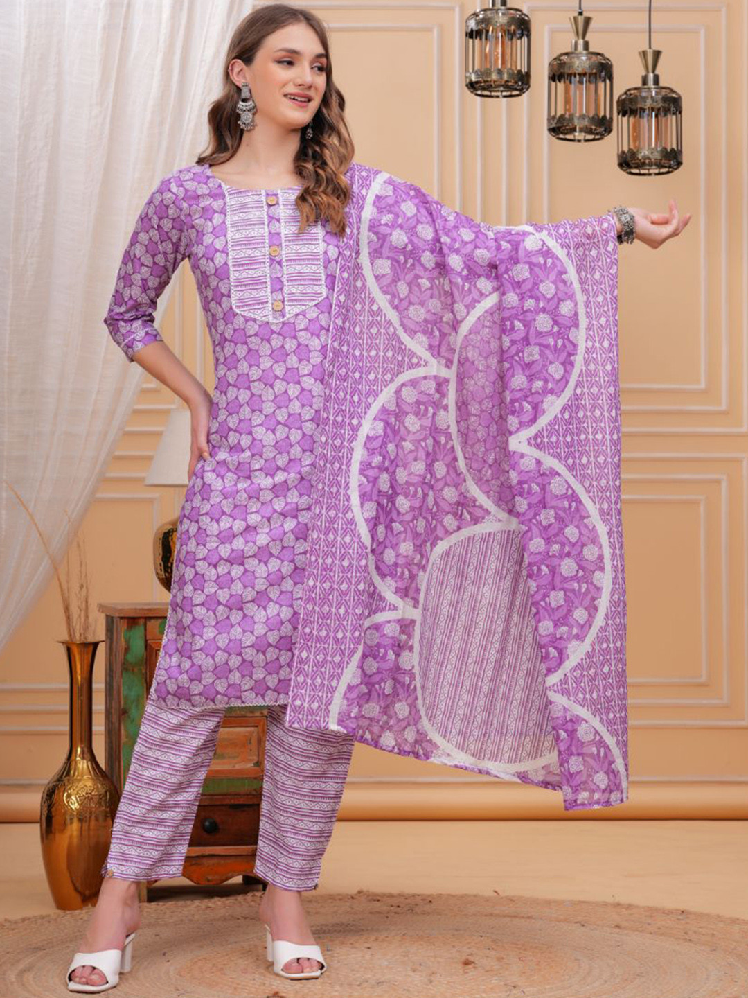 

HIGHLIGHT FASHION EXPORT Floral Printed Pure Cotton Straight Kurta With Trousers & Dupatta, Purple