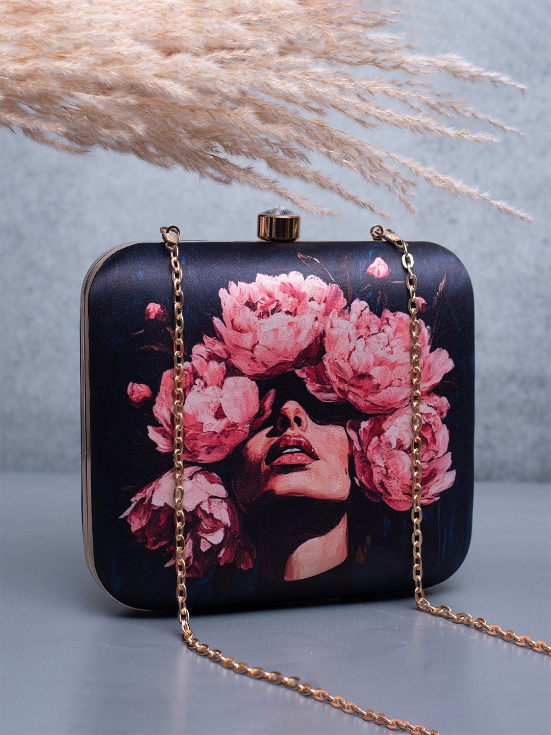 

ARTKLIM Floral Girl Portrait Printed Box Clutch, Black