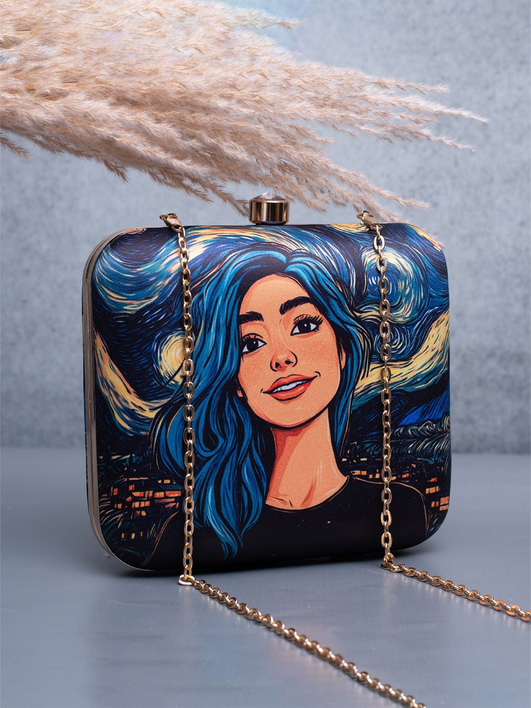 

ARTKLIM Hair Girl Portrait Printed Box Clutch, Blue