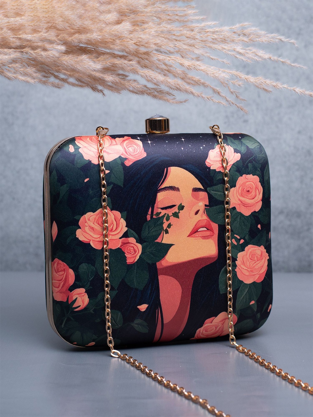 

ARTKLIM Rose And Girl Portrait Printed Box Clutch, Black