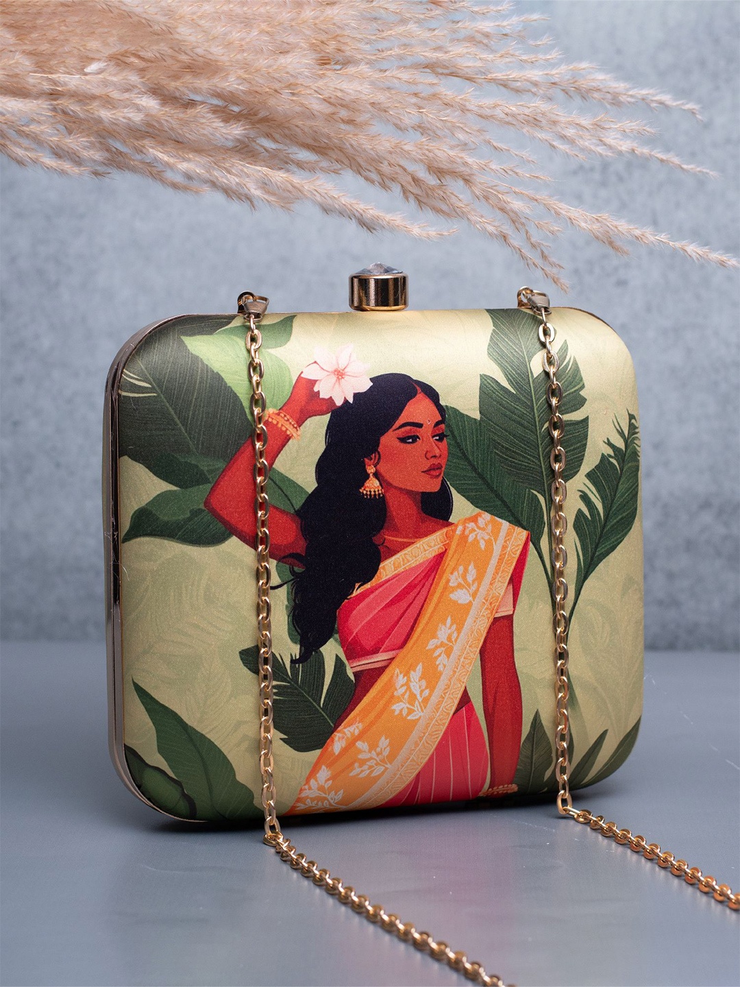 

ARTKLIM Indian Girl Portrait Printed Box Clutch, Green