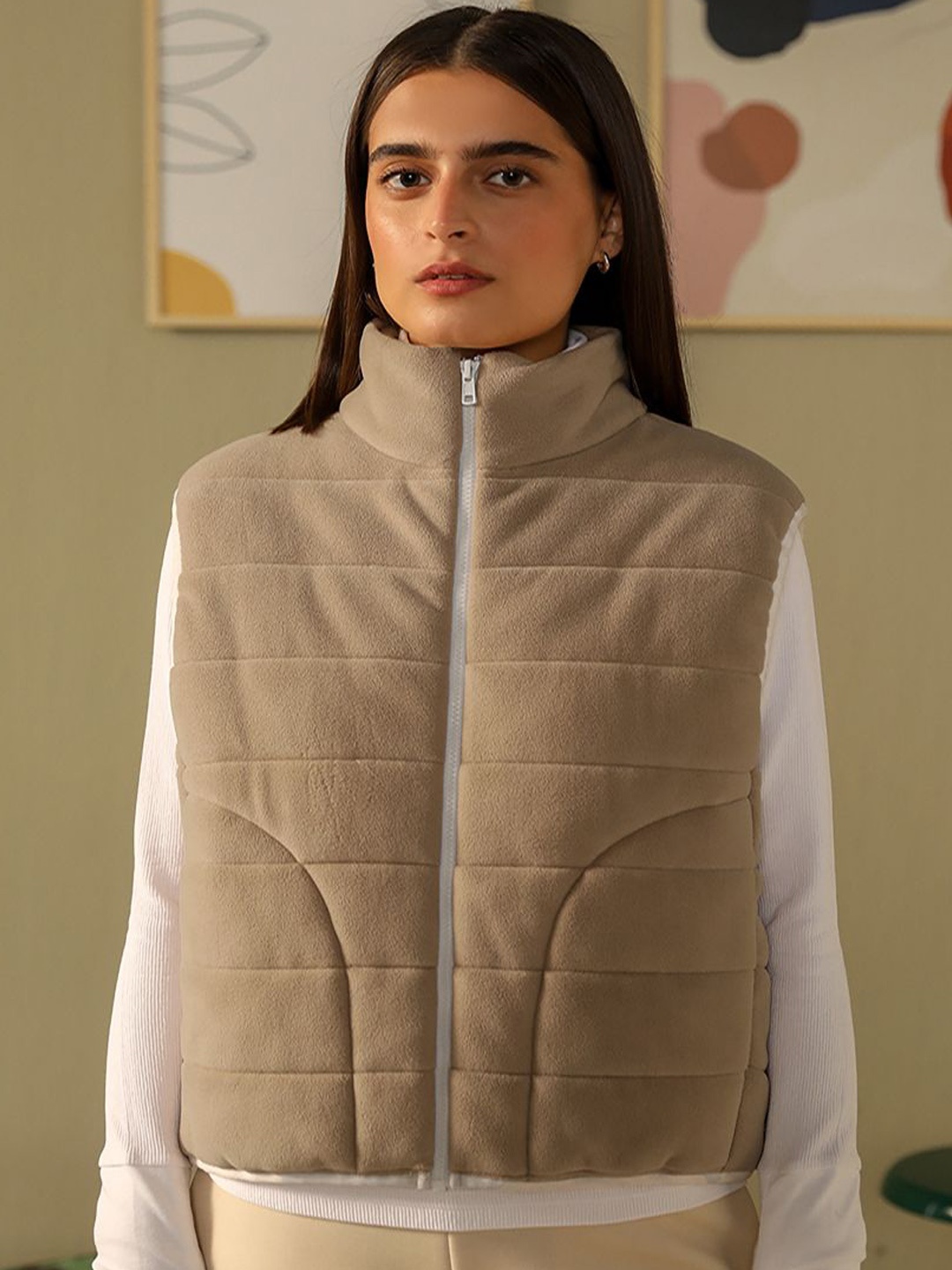 

Muvazo Women Mock Collar Solid Fleece Casual Gilet Jacket, Beige