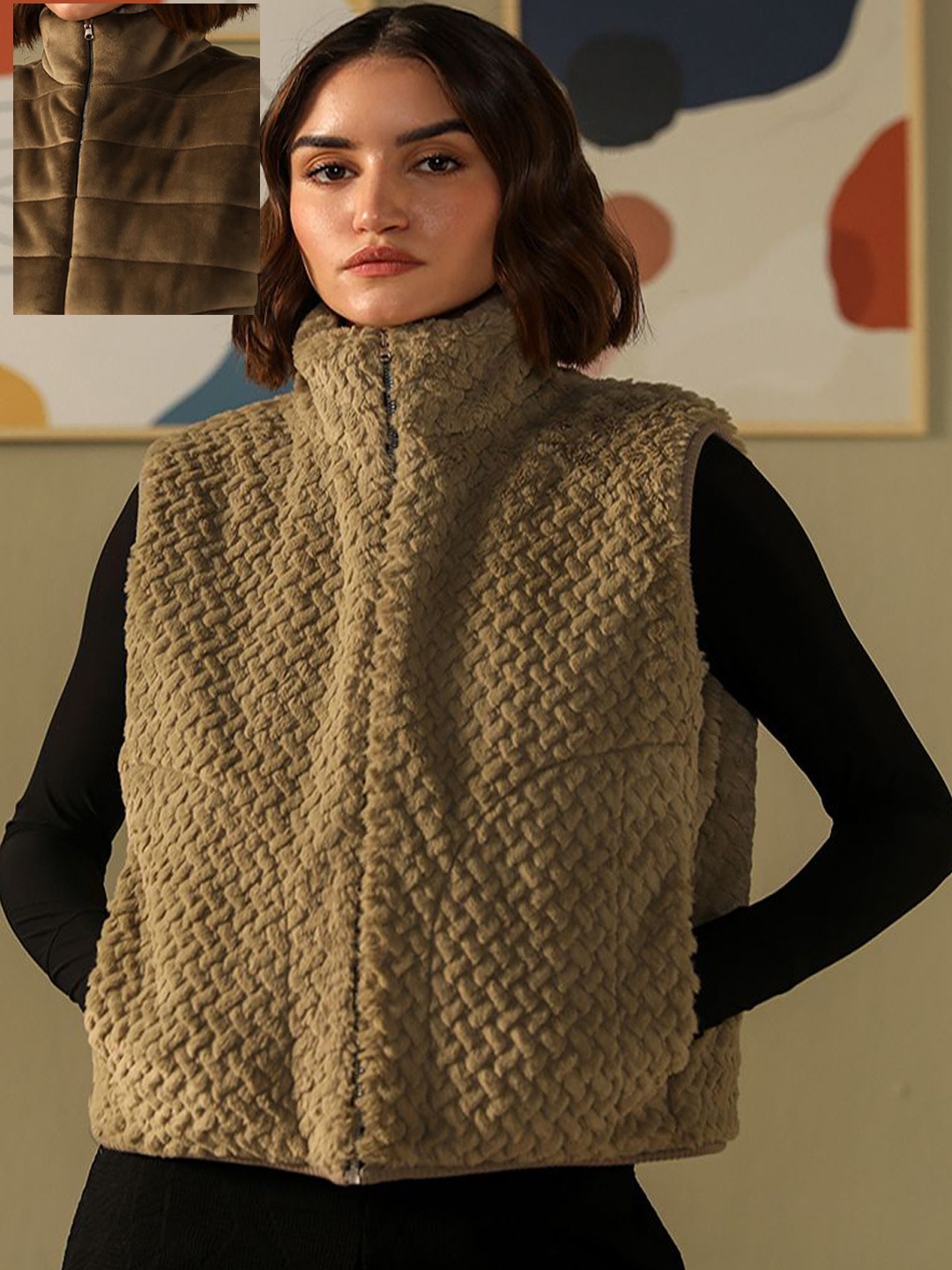

Muvazo Women Mock Collar Solid Casual Gilet Reversible Jacket, Beige