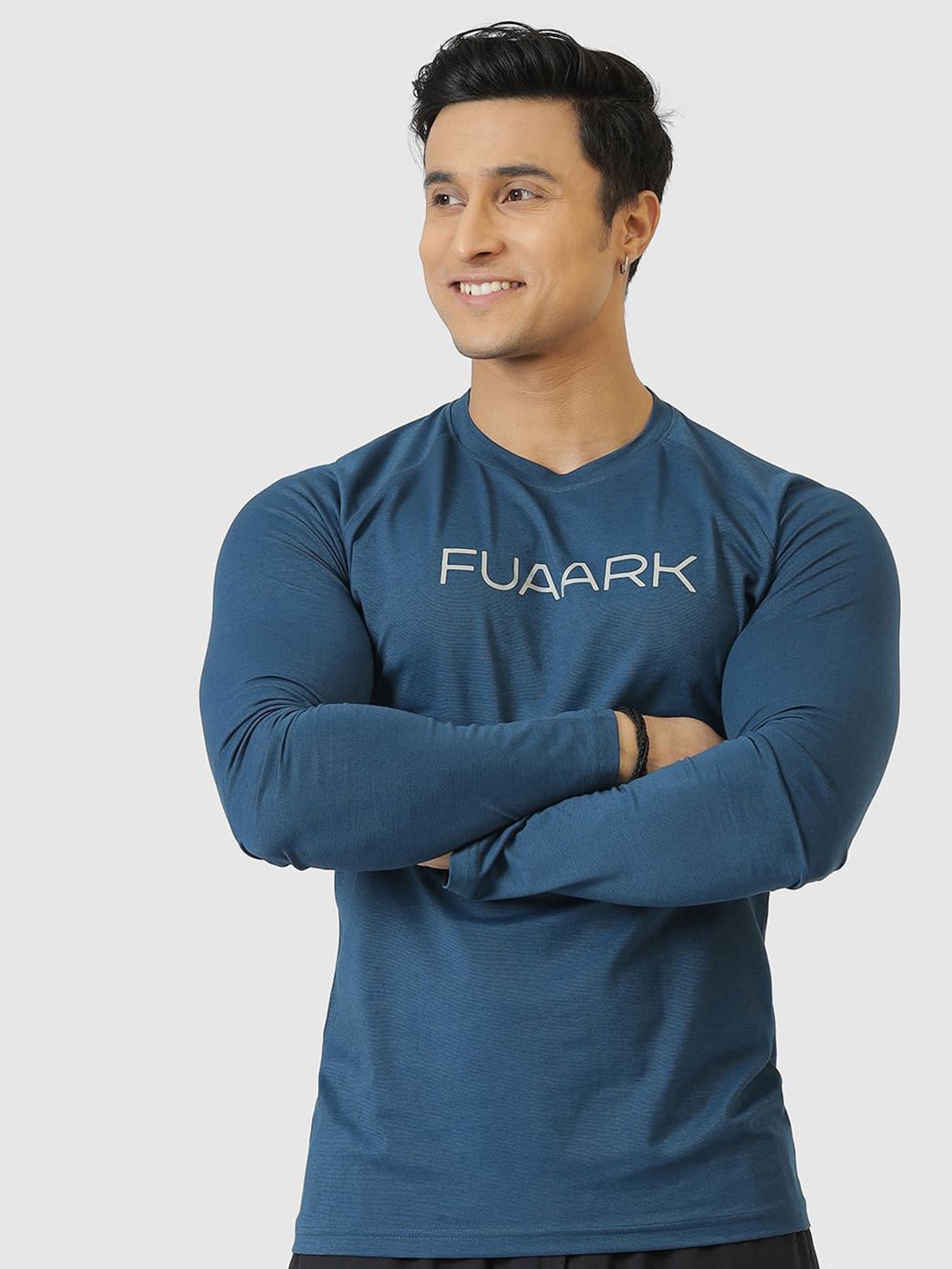 

FUAARK Men Moisture Wicking Brand Logo Printed Round Neck Cotton Compression T-shirt, Teal