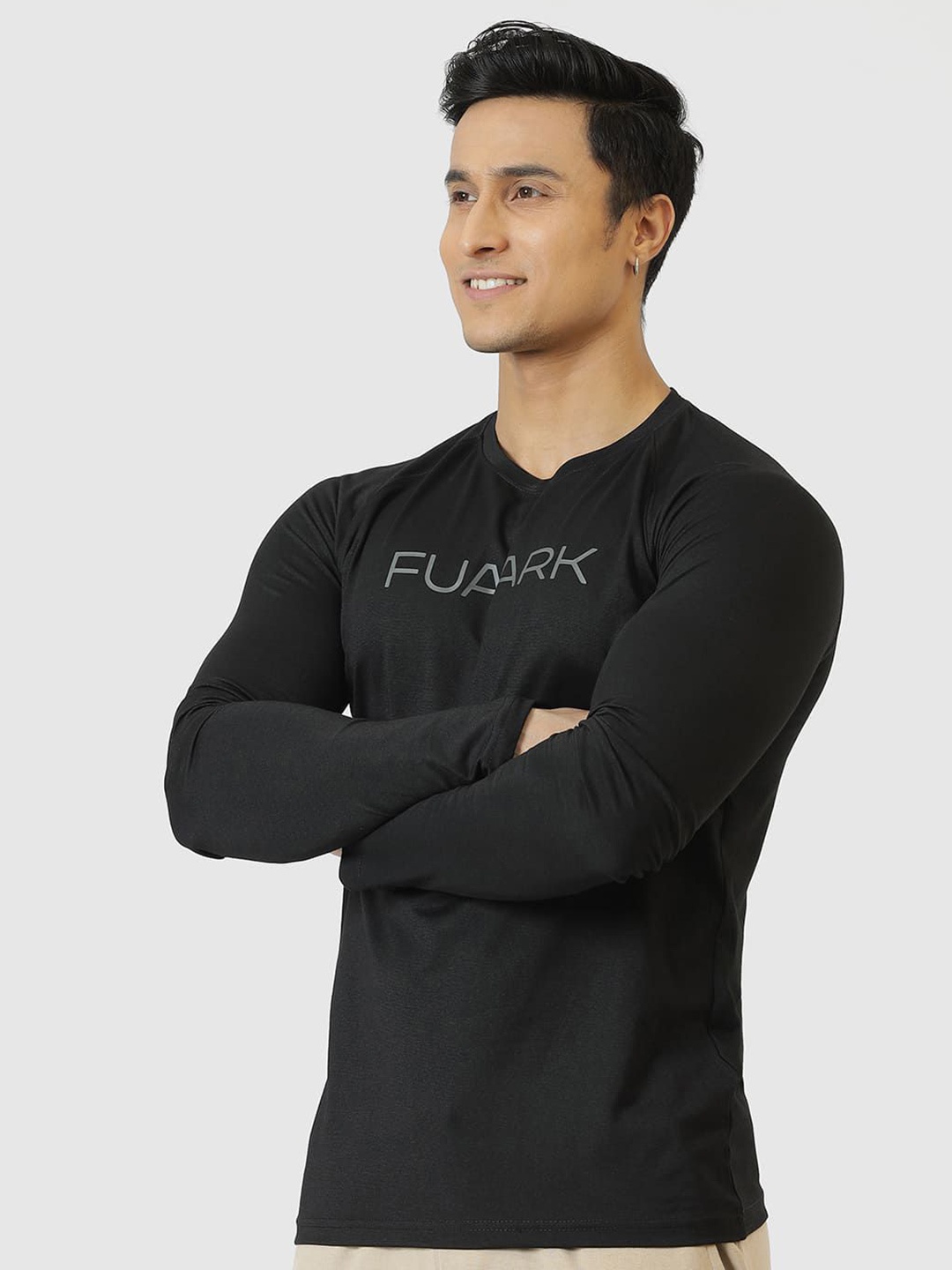 

FUAARK Men Moisture Wicking Brand Logo Printed Round Neck Cotton Compression T-shirt, Black