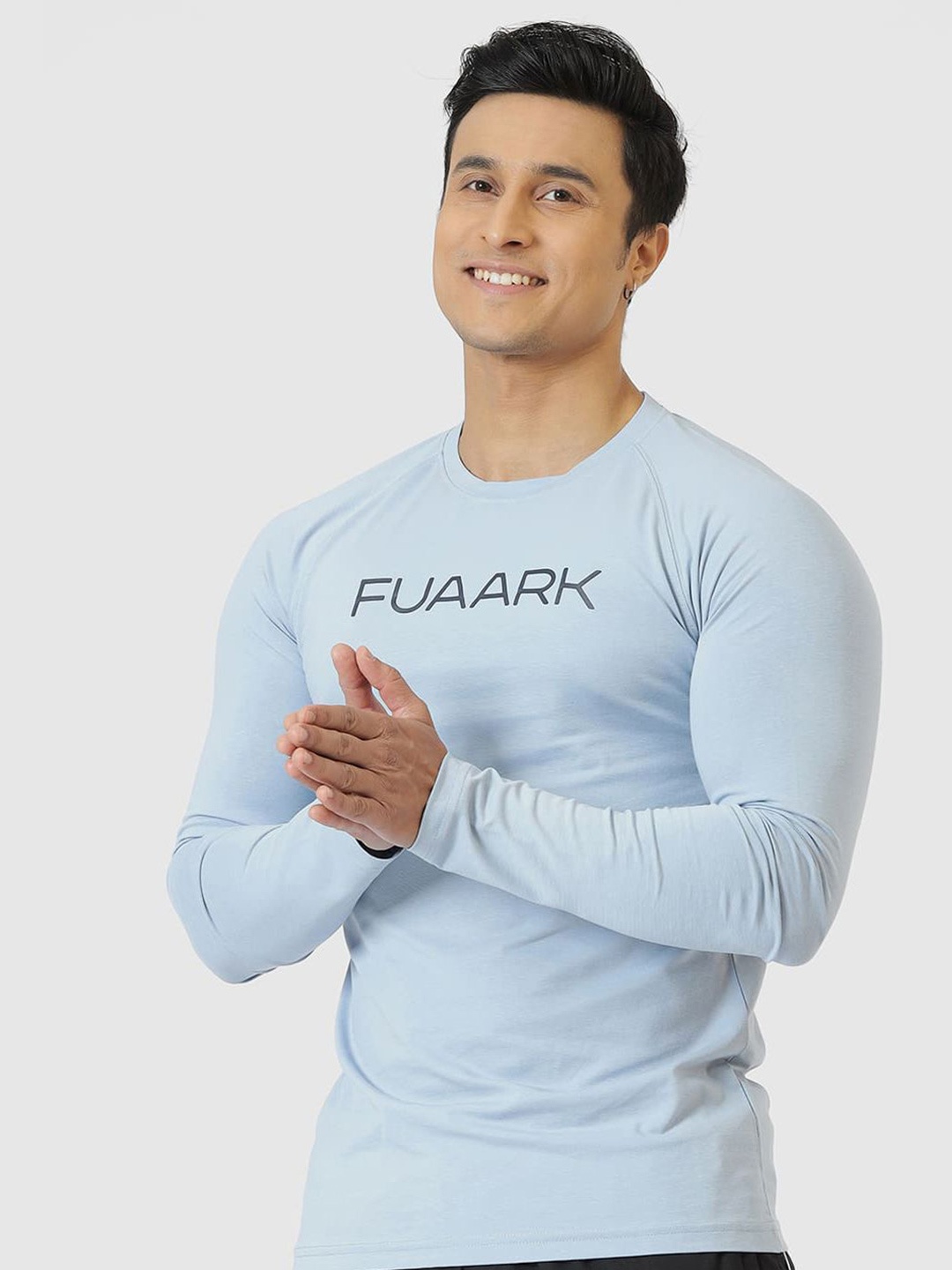 

FUAARK Men Moisture Wicking Brand Logo Printed Round Neck Cotton Compression T-shirt, Blue