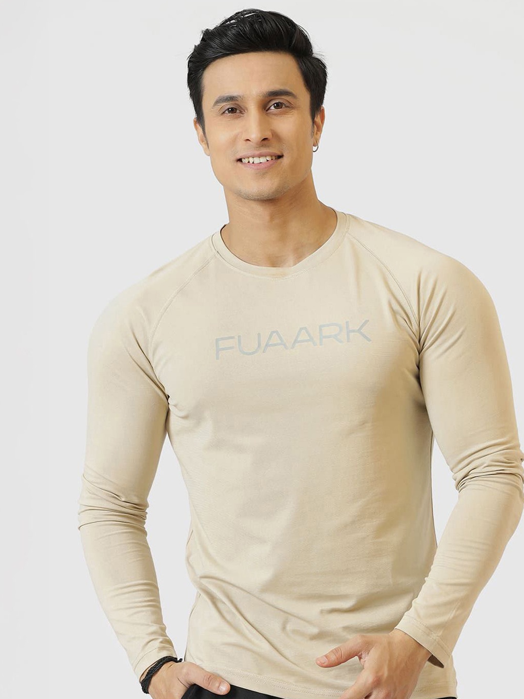 

FUAARK Men Moisture Wicking Brand Logo Printed Round Neck Cotton Compression T-shirt, Beige