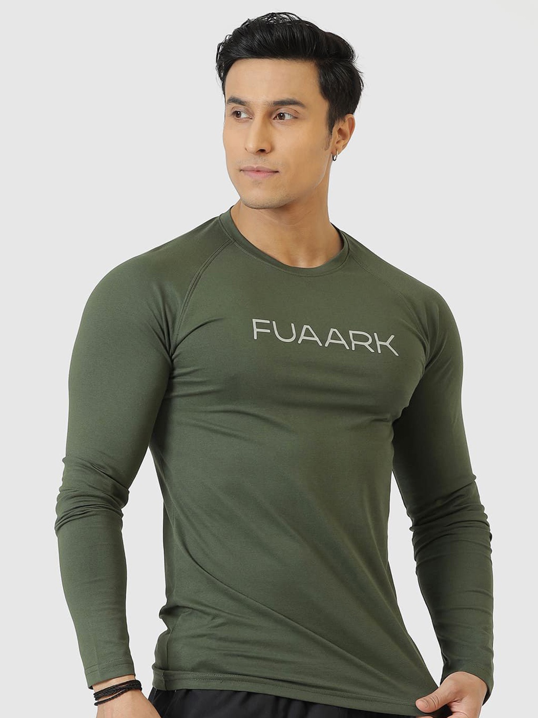 

FUAARK Men Moisture Wicking Brand Logo Printed Round Neck Cotton Compression T-shirt, Olive