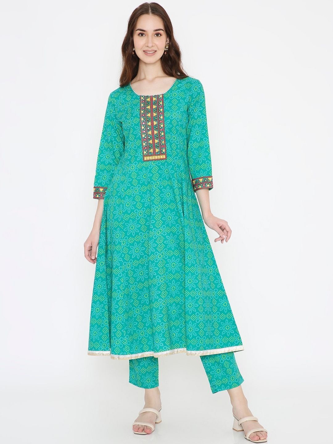 Saffron Threads Bandhani Mirror Work Anarkali Pure Cotton Kurta, Green