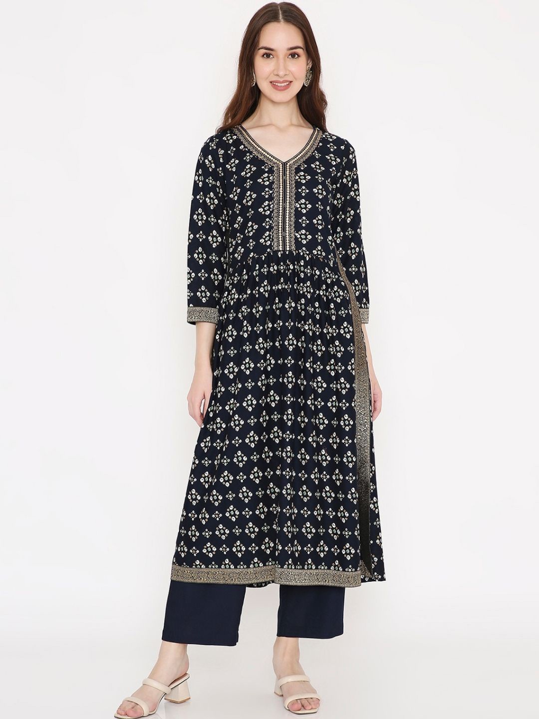

Saffron Threads Bandhani V-Neck A-Line Kurta, Navy blue