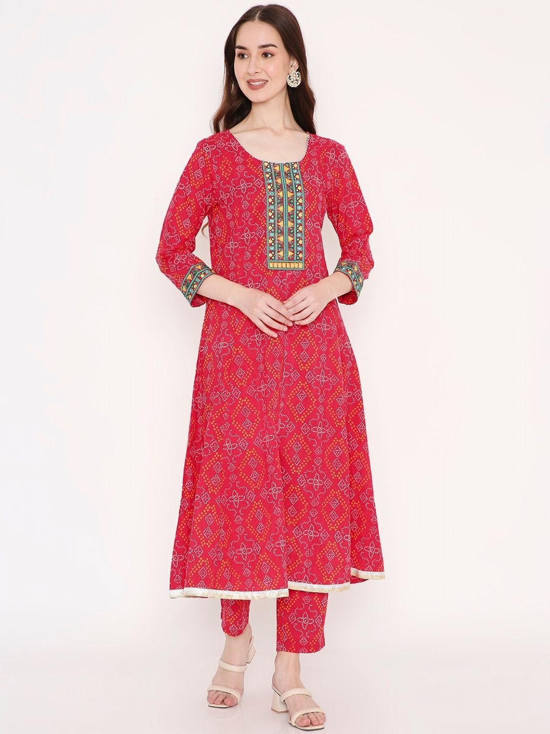 

Saffron Threads Bandhani Mirror Work Anarkali Pure Cotton Kurta, Pink