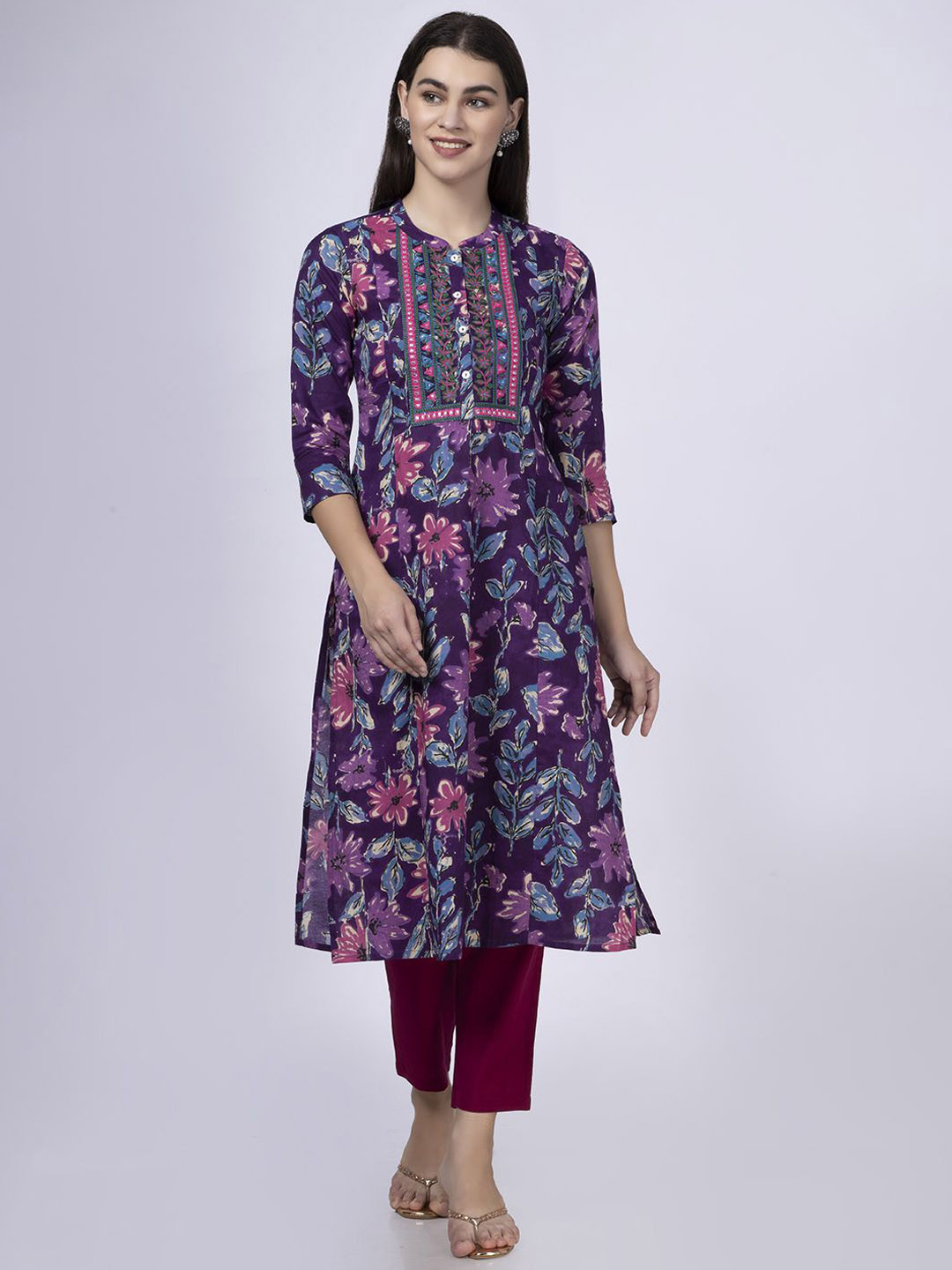 

Saffron Threads Floral Embroidered Mandarin Collar Straight Pure Cotton Kurta, Purple