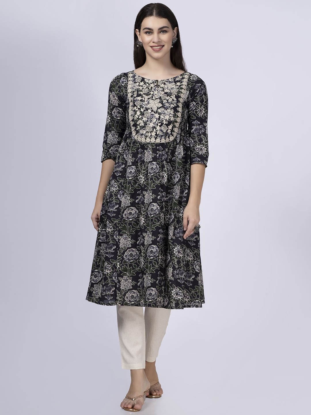 

Saffron Threads Floral Embroidered Keyhole Neck A-Line Pure Cotton Kurta, Black