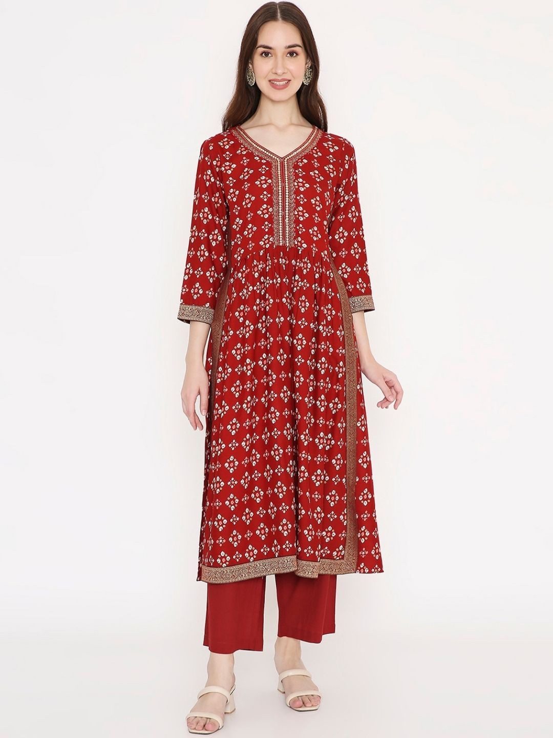 

Saffron Threads Bandhani V-Neck A-Line Kurta, Maroon