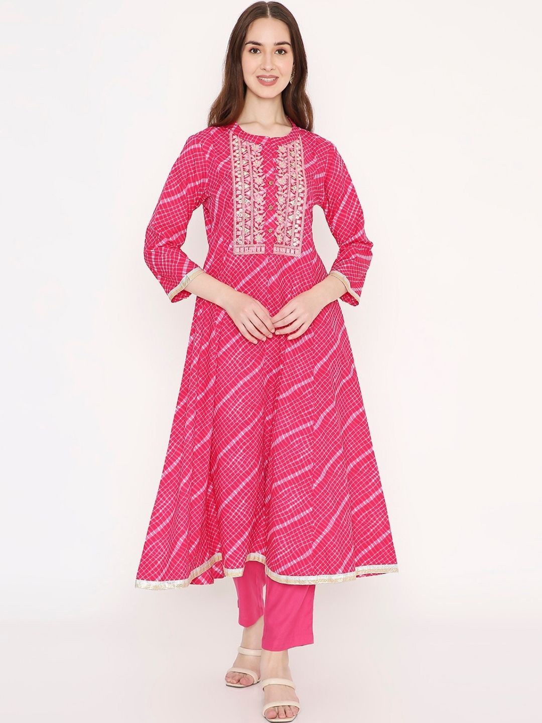 

Saffron Threads Leheriya Mirror Work Mandarin Collar Anarkali Pure Cotton Kurta, Pink