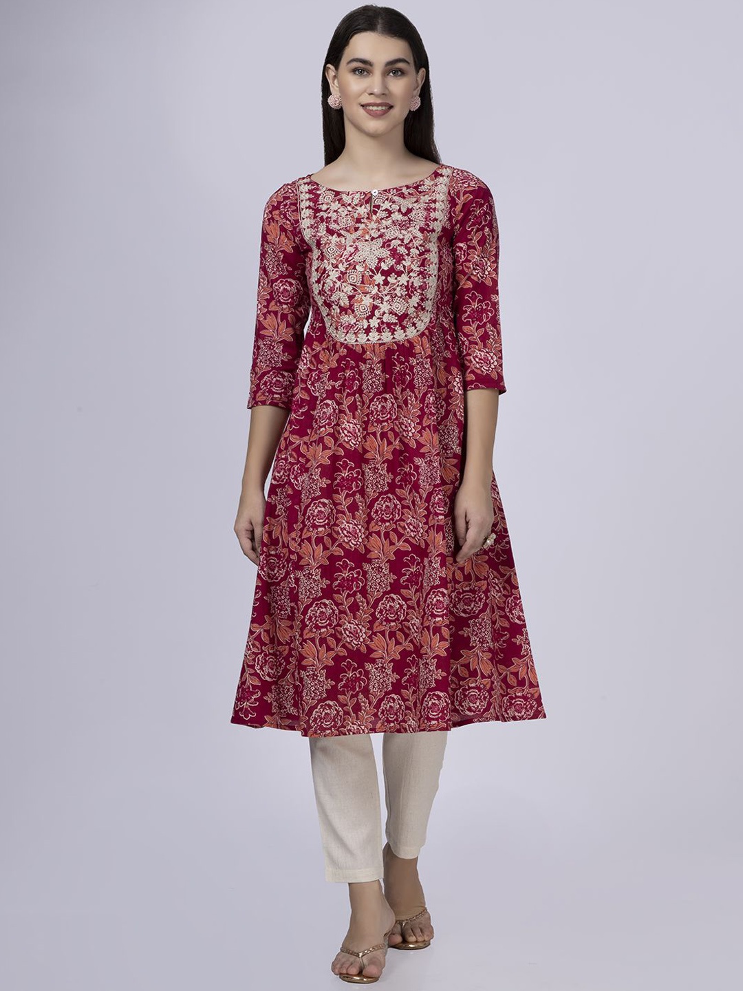 

Saffron Threads Floral Embroidered Keyhole Neck A-Line Pure Cotton Kurta, Red
