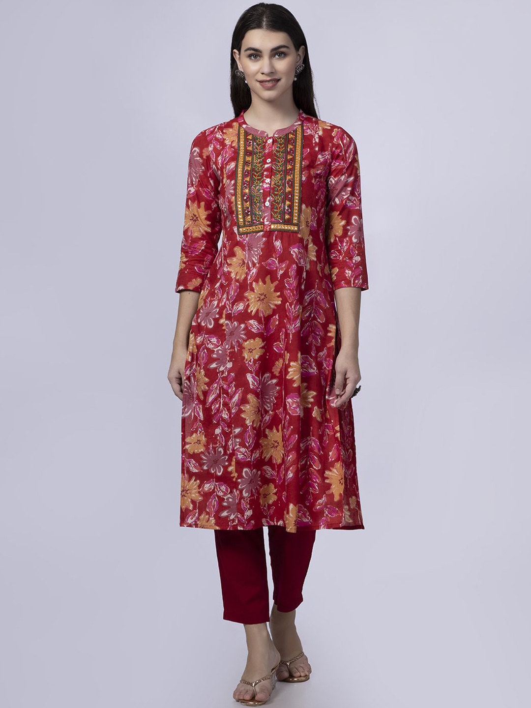 

Saffron Threads Floral Embroidered Mandarin Collar Straight Pure Cotton Kurta, Red