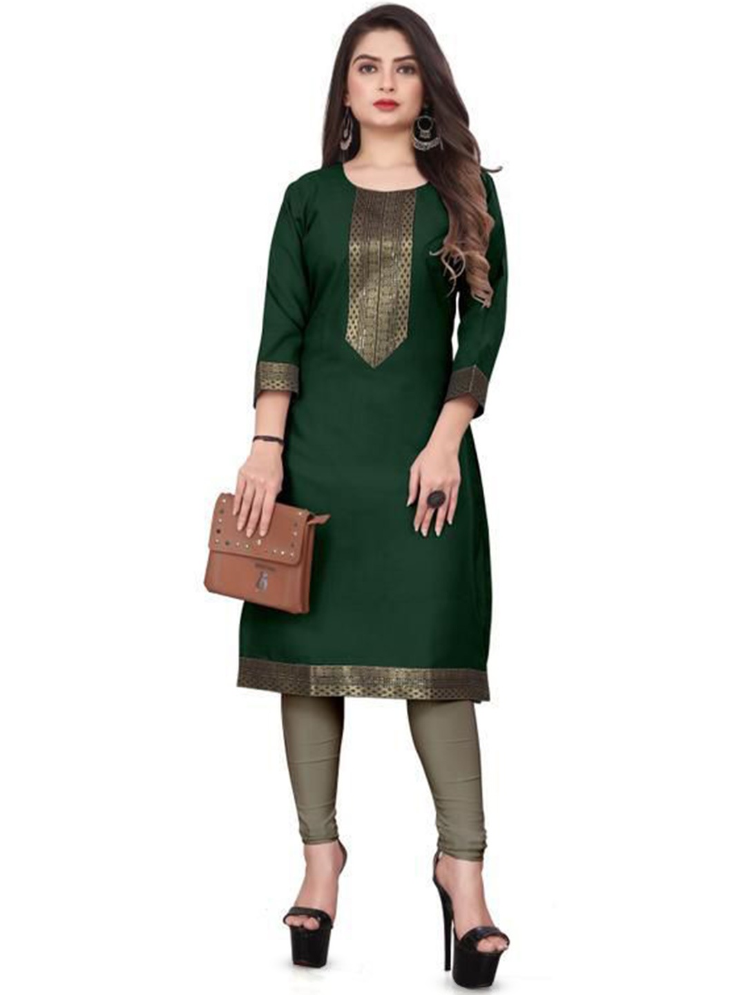 

HF HOLYDAY FASHION Women Woven-Design Straight Kurta, Green