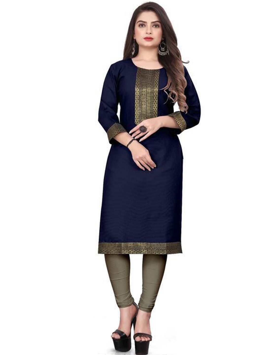 

HF HOLYDAY FASHION Women Woven-Design Straight Kurta, Navy blue