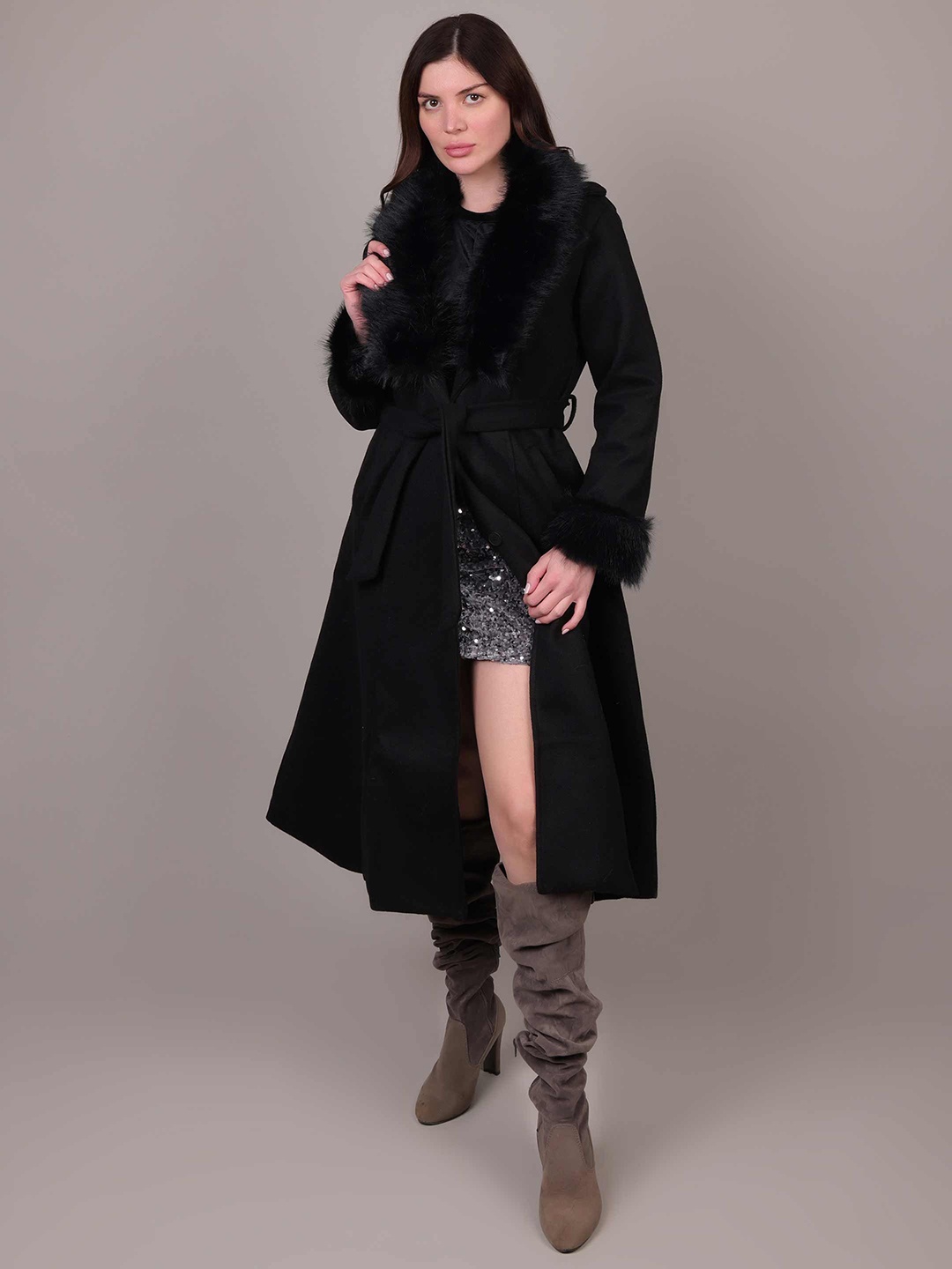 

iki chic Women Notched Lapel Trimmed Coat, Black