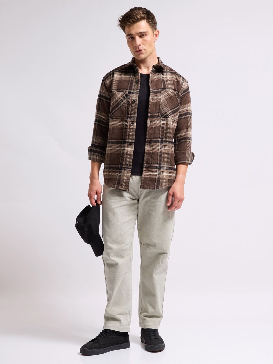 

MISCHIEF MONKEY Men Tartan Checked Spread Collar Cotton Casual Shacket, Brown