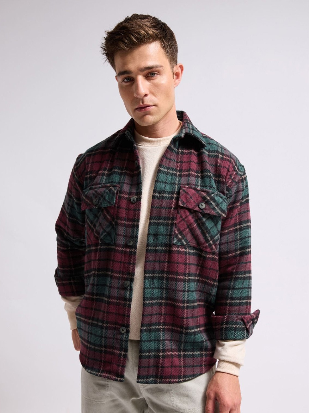 

MISCHIEF MONKEY Men Tartan Checked Spread Collar Cotton Casual Shacket, Pink