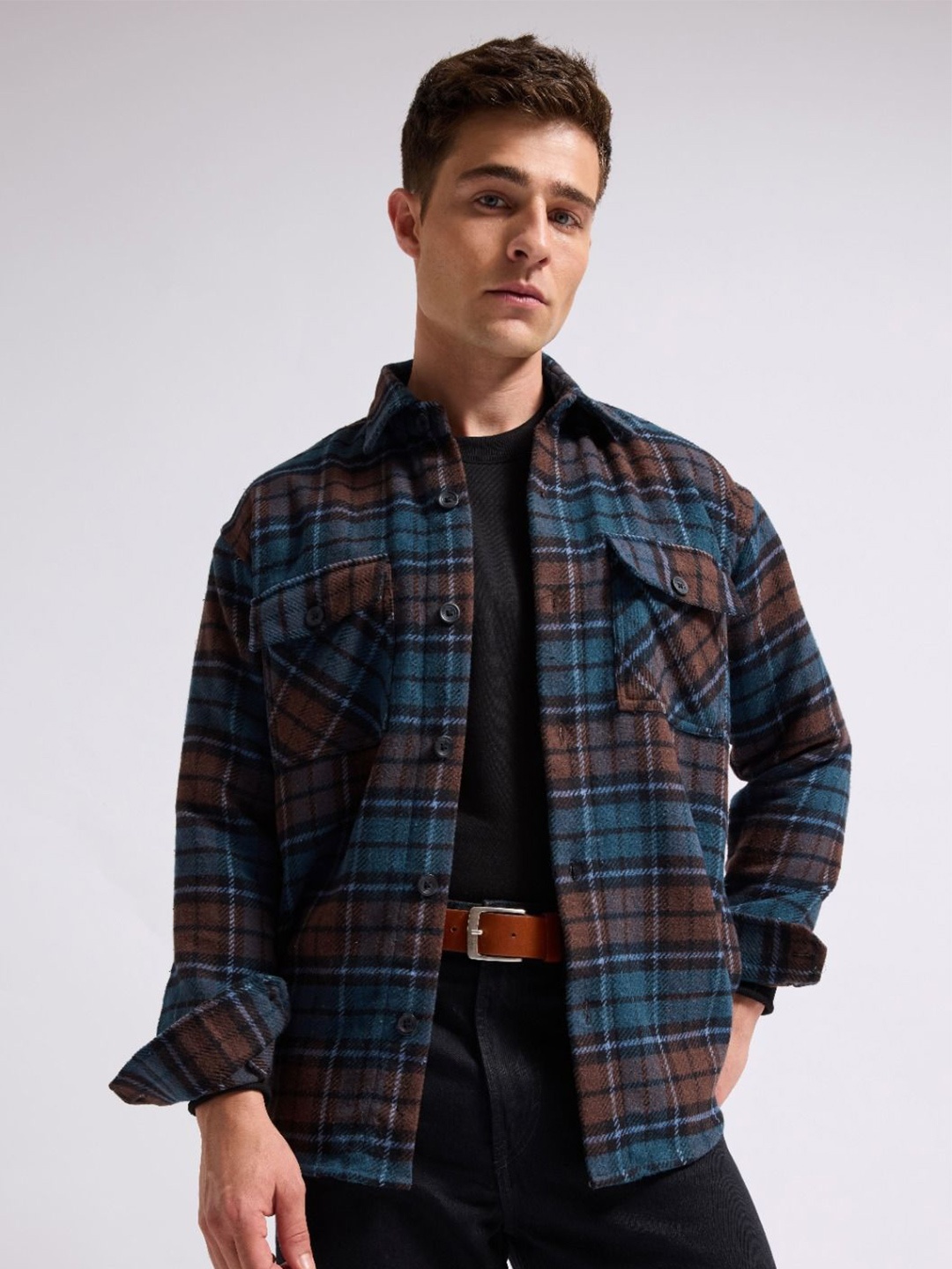 

MISCHIEF MONKEY MenTartan Checked Spread Collar Cotton Casual Shacket, Brown