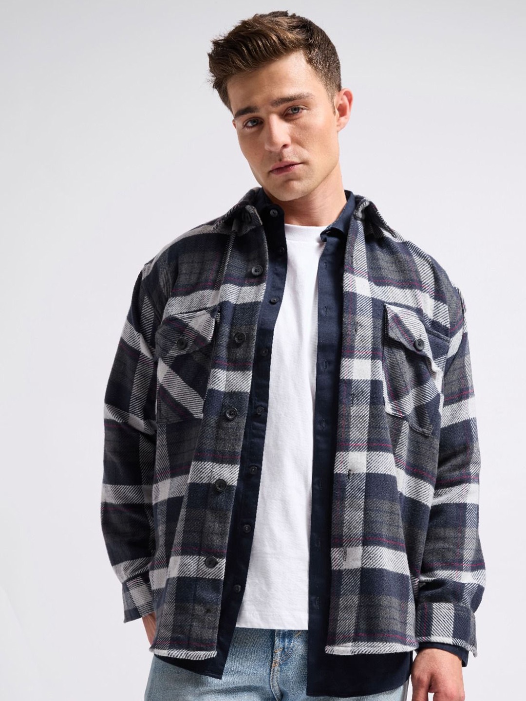 

MISCHIEF MONKEY Men Tartan Checked Spread Collar Cotton Casual Shacket, Navy blue