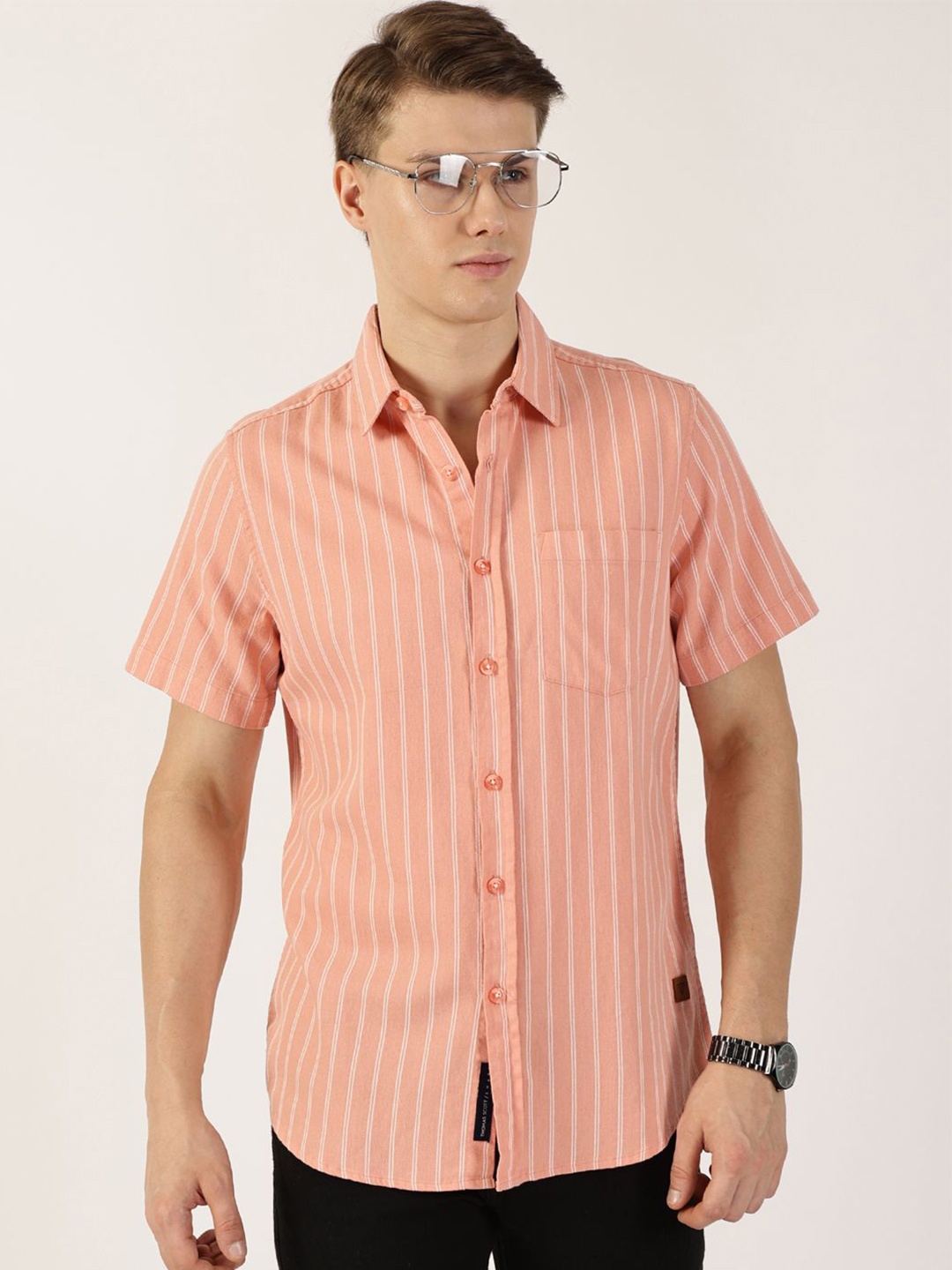 

Thomas Scott Men Classic Slim Fit Spread Collar Vertical Striped Cotton Casual Shirt, Peach