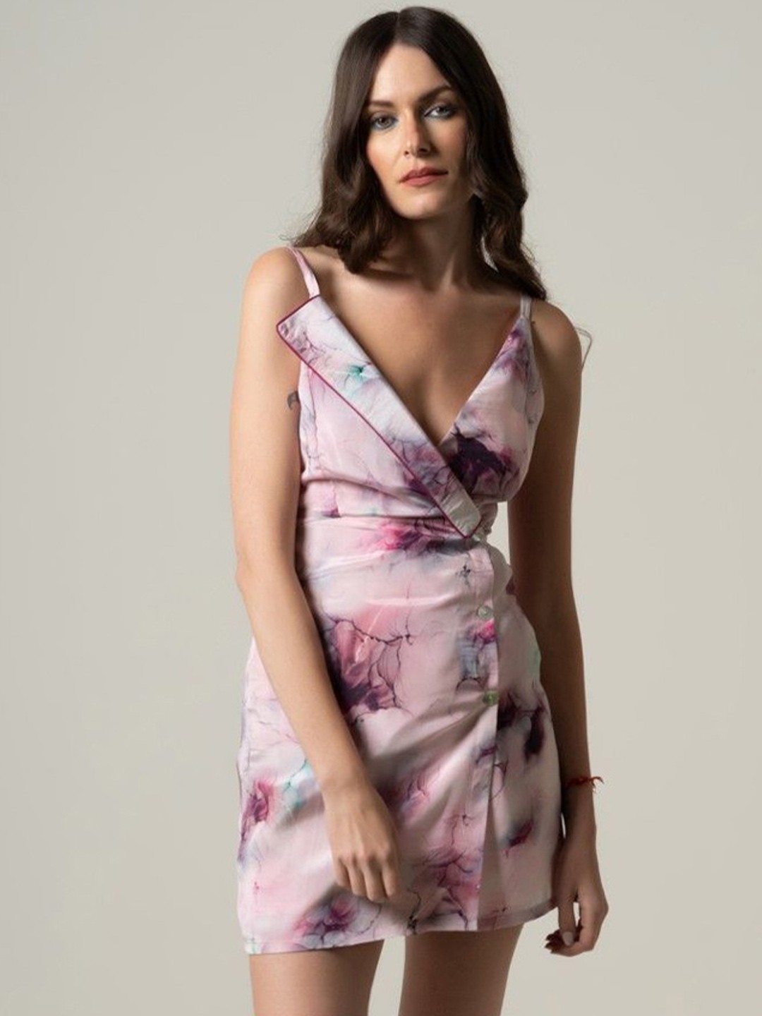 

CHALSI & CYRUS Women Printed Satin Wrap Mini Dress, Pink