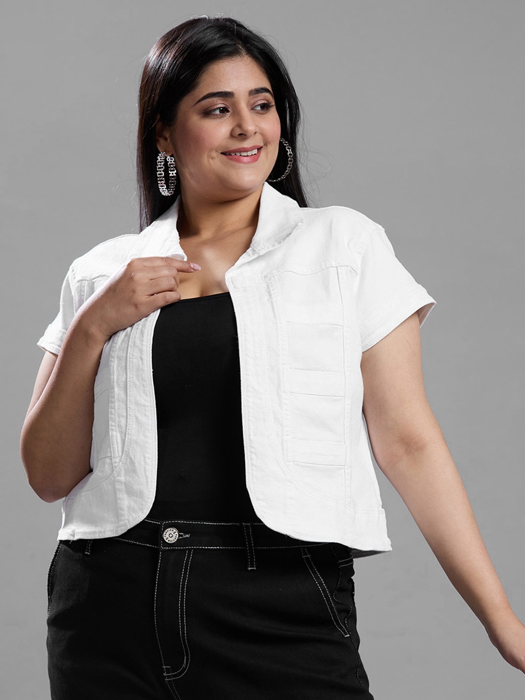 

Style Quotient women Plus Size Open Front Denim Shrug, Off white
