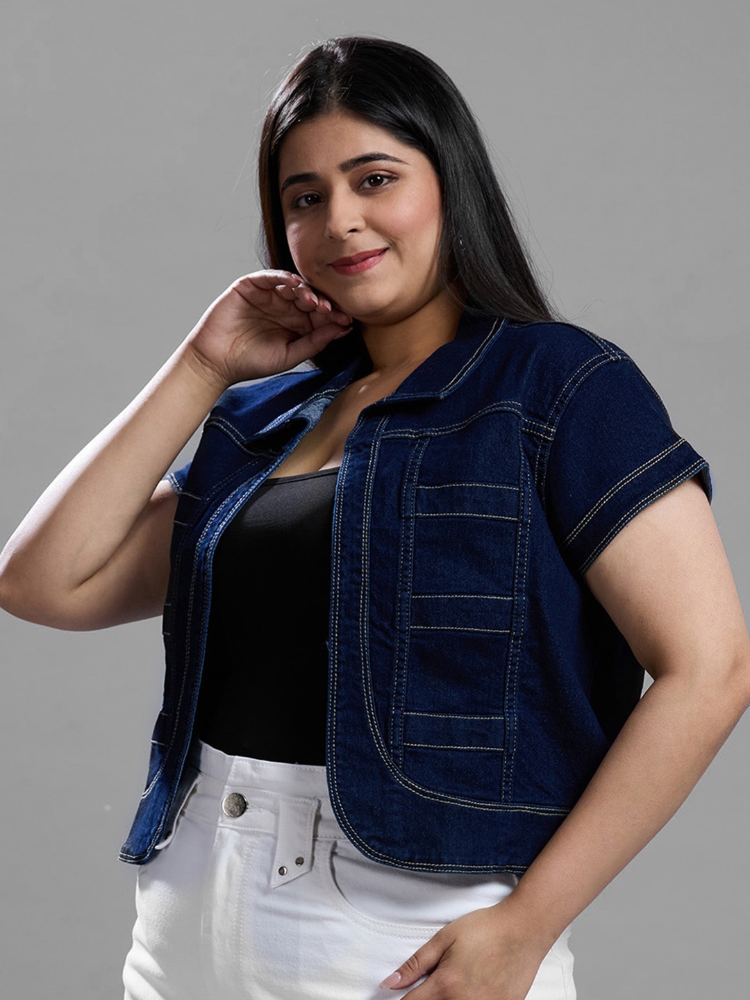 

Style Quotient women Plus Size Open Front Denim Shrug, Navy blue
