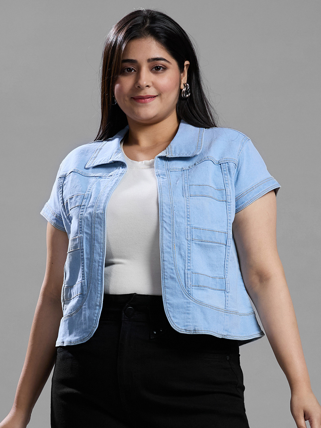 

Style Quotient women Plus Size Open Front Denim Shrug, Blue